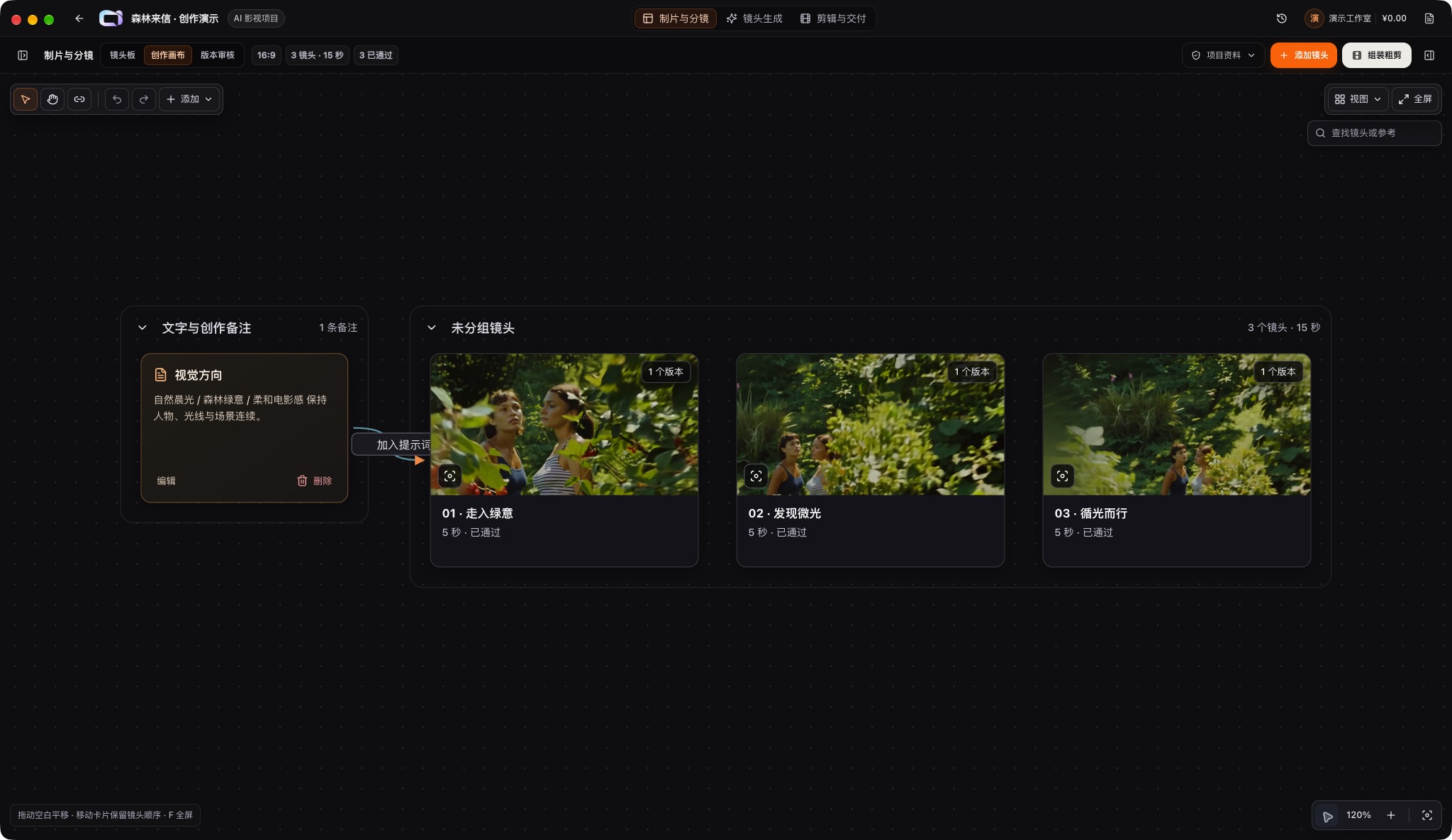 CraftStaff 创作画布：视觉方向备注与三个森林镜头卡片连接在同一张画布上